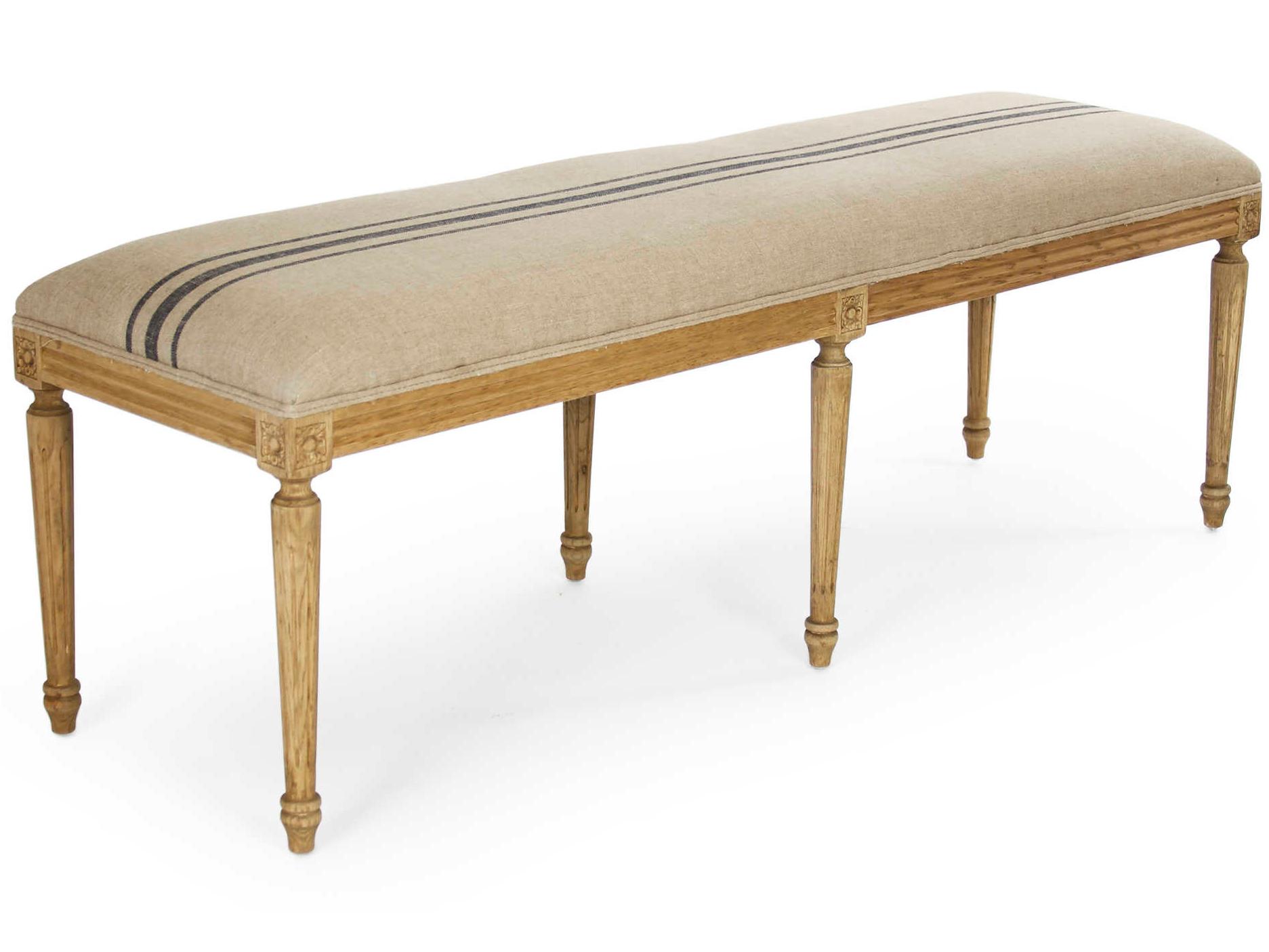 Zentique Louis English Khaki Blue Stripe Cream Upholstered Accent Bench