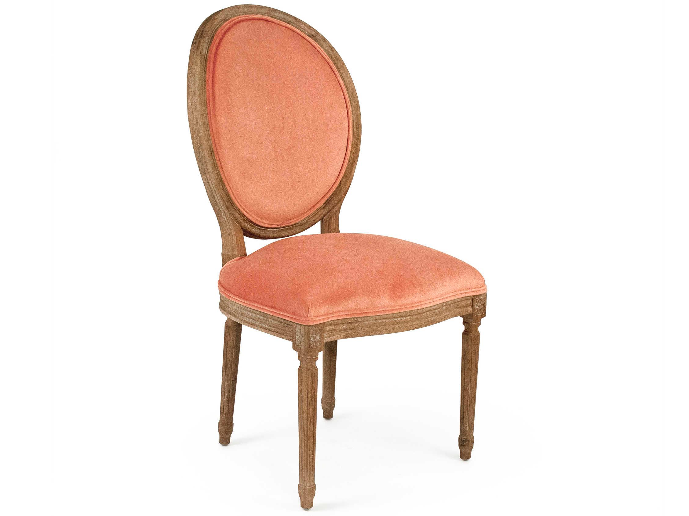 Zentique Medallion Oak Wood Orange Velvet Upholstered Armless Dining Chair