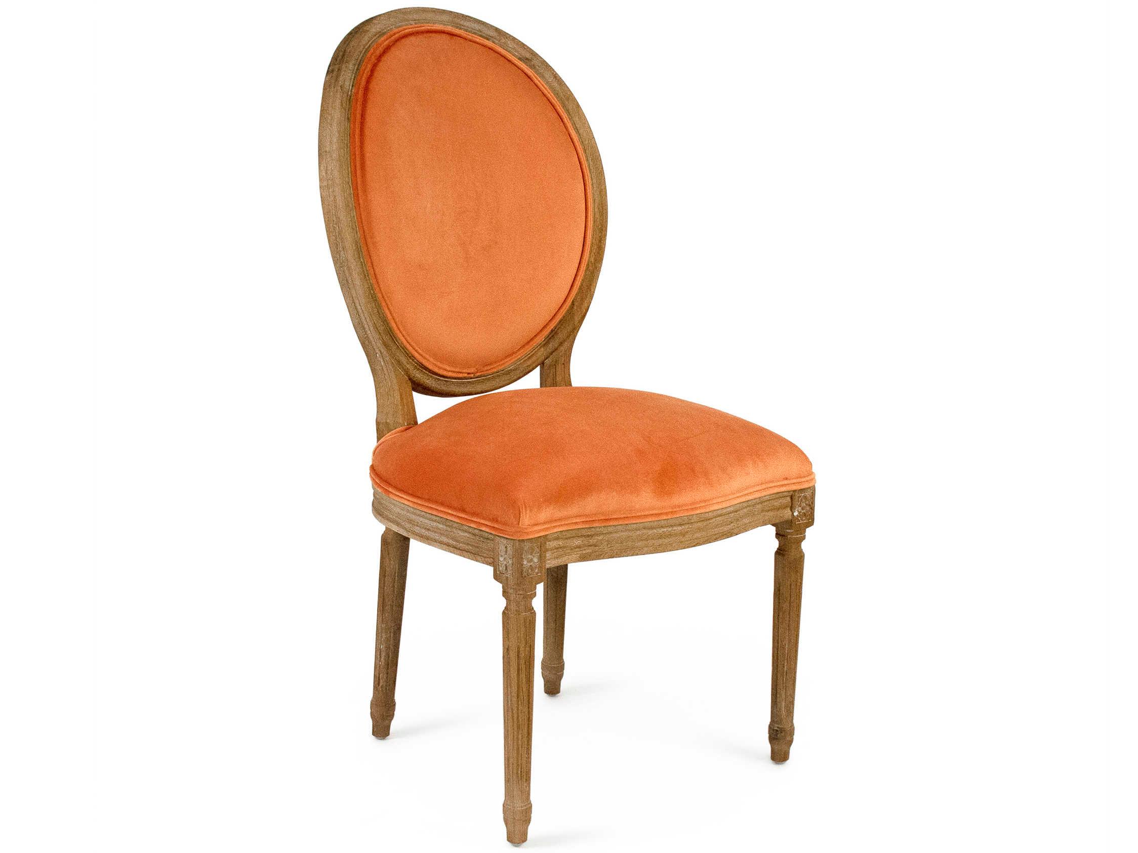 Zentique Medallion Oak Wood Orange Velvet Upholstered Armless Dining Chair