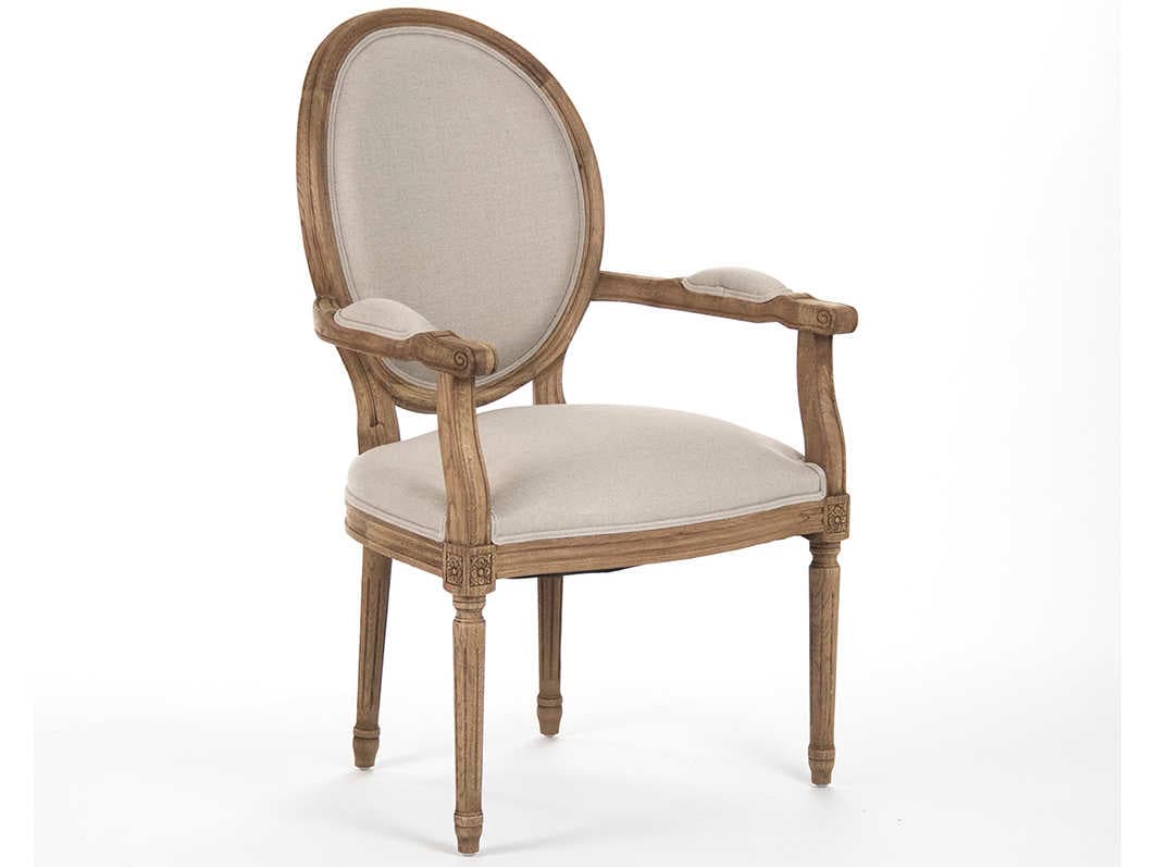 Zentique Medallion Oak Wood Beige Upholstered Arm Dining Chair