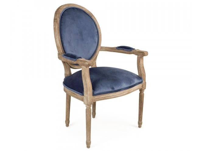 Zentique Medallion Oak Wood Blue Velvet Upholstered Arm Dining Chair