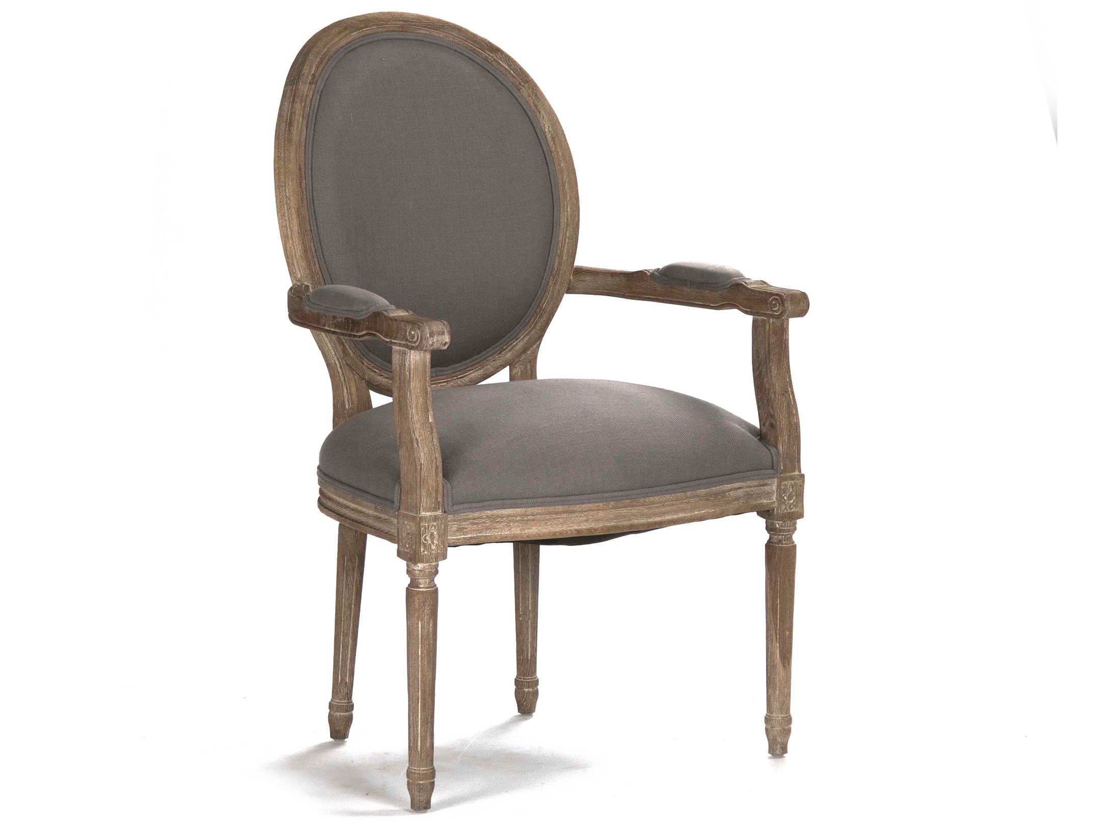 Zentique Medallion Oak Wood Gray Upholstered Arm Dining Chair