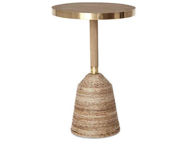 Mitchell Round End Table Solid Teak Abaca and Brass with Beach Finish