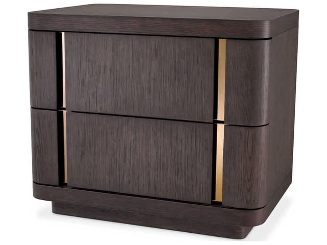 Modesto Two-Drawer Nightstand in Mocha Oak Veneer with Brushed Brass Inserts