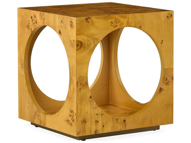 Bond Cube Square Wood Natural Burled Mappa Antique Brass End Table