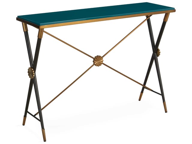 Rider Rectangular Glossy Teal Black Antiqued Brass Console Table