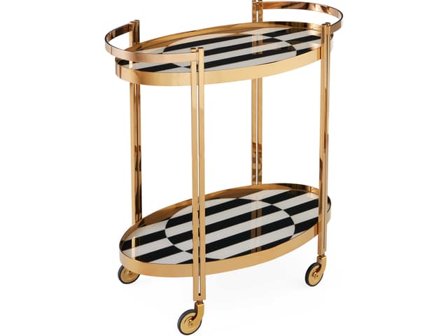 Op Art Wood Charcoal Ivory Polished Brass Bar Cart