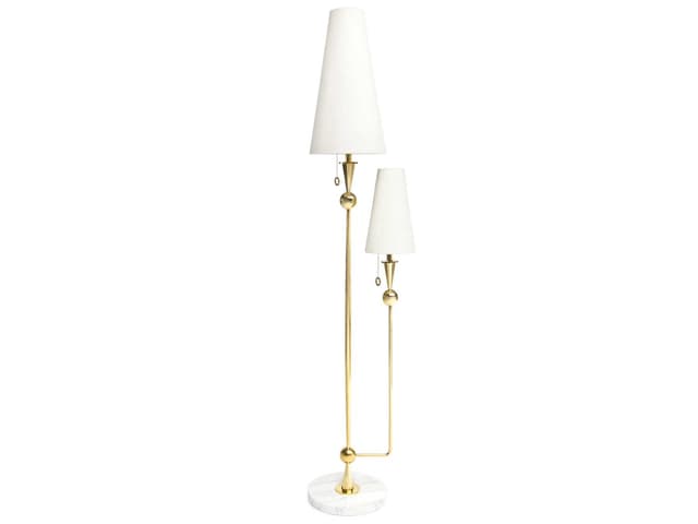 Caracas 2-Light Floor Lamp in Polished Brass and White Marble with White Linen Shades