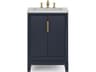 Elizabeth Single Sink Carrara White Marble Countertop Bath Vanity In Monarch Blue With Satin Gold Hardware and Waterfall Faucet