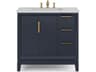 Elizabeth Single Sink Carrara White Marble Countertop Bath Vanity In Monarch Blue With Satin Gold Hardware and Waterfall Faucet