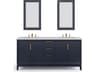 Elizabeth Double Sink Carrara White Marble Countertop Bath Vanity In Monarch Blue With Satin Gold Hardware, Waterfall Faucet and Rectangular Mirror (S)