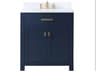 Madison Satin Single Sink Carrara White Marble Countertop Bath Vanity In Monarch Blue with Satin Gold Hardware and Waterfall Faucet