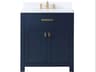 Madison Single Sink Carrara White Marble Countertop Bath Vanity In Monarch Blue with Satin Gold Hardware and Hook Faucet