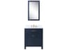Madison  Single Sink Carrara White Marble Countertop Bath Vanity In Monarch Blue with Satin Gold Hardware, Hook Faucet and Rectangular Mirror (S)