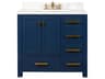 Madison Single Sink Carrara White Marble Countertop Bath Vanity In Monarch Blue with Satin Gold Hardware and Waterfall Faucet