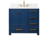 Madison Single Sink Carrara White Marble Countertop Bath Vanity In Monarch Blue with Satin Gold Hardware and Hook Faucet