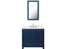 Madison Single Sink Carrara White Marble Countertop Bath Vanity In Monarch Blue with Satin Gold Hardware, Hook Faucet and Rectangular Mirror (S)