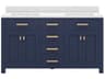 Madison Double Sink Carrara White Marble Countertop Bath Vanity In Monarch Blue with Satin Gold Hardware