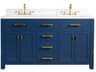 Madison Double Sink Carrara White Marble Countertop Bath Vanity In Monarch Blue with Satin Gold Hardware and Hook Faucets