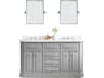 Palace Double Sink Carrara Quartz Countertop Bath Vanity in Cashmere Grey with Chrome Hardware, Classic Faucets and Rectangular Pivot Mirrors