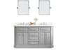 Palace Double Sink Carrara Quartz Countertop Bath Vanity in Cashmere Grey with Chrome Hardware, Waterfall Faucets and Rectangular Pivot Mirrors