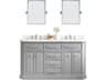 Palace Double Sink Carrara Quartz Countertop Bath Vanity in Cashmere Grey with Polished Nickel (PVD) Hardware, Waterfall Faucets and Rectangular Pivot Mirrorsity