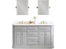 Palace Double Sink Carrara Quartz Countertop Bath Vanity in Cashmere Grey with Satin Gold Hardware, Waterfall Faucets and Rectangular Pivot Mirrors