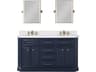 Palace Double Sink Carrara Quartz Countertop Bath Vanity in Monarch Blue with Satin Gold Hardware, Waterfall Faucets and Rectangular Pivot Mirrors