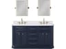 Palace Double Sink Carrara Quartz Countertop Bath Vanity in Monarch Blue with Satin Gold Hardware, Hook Faucets and Rectangular Pivot Mirrors