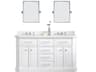 Palace Double Sink Carrara Quartz Countertop Bath Vanity in Pure White with Satin Gold Hardware, Waterfall Faucets and Rectangular Pivot Mirrors