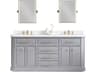 Palace Double Sink Carrara Quartz Countertop Bath Vanity in Cashmere Grey with Satin Gold Hardware, Waterfall Faucets and Rectangular Pivot Mirrors