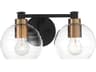 Keyport 2-Light Sand Coal Natural Brushed Brass Black Glass LED Vanity Light
