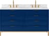 Water Creation Bristol Double Sink Carrara White Marble Countertop Bath Vanity in Monarch Blue with Satin Gold Gooseneck Faucets