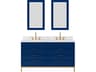 Water Creation Bristol Double Sink Carrara White Marble Countertop Bath Vanity in Monarch Blue with Satin Gold Gooseneck Faucets and Rectangular Mirrors (S)