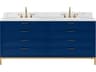Water Creation Bristol Double Sink Carrara White Marble Countertop Bath Vanity in Monarch Blue with Satin Gold Hook Faucets