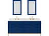 Double Sink Carrara White Marble Countertop Bath Vanity in Monarch Blue with Satin Gold Gooseneck Faucets and Rectangular Mirrors (S)Satin Gold Vanity