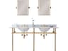 Water Creation Embassy Double Wash Stand, P-Trap, Carrara White Marble Countertop with Oval Basins, Waterfall Faucets and Rectangular Pivot Mirrors in Satin Gold Finish