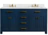 Water Creation Madison Double Sink Carrara White Marble Countertop Bath Vanity In Monarch Blue with Satin Gold Hardware and Waterfall Faucets