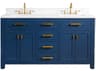 Water Creation Madison Double Sink Carrara White Marble Countertop Bath Vanity In Monarch Blue with Satin Gold Hardware and Hook Faucets