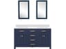 Water Creation Madison Double Sink Carrara White Marble Countertop Bath Vanity In Monarch Blue with Satin Gold Hardware and Rectangular Mirrors (S)