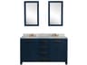 Water Creation Madison Double Sink Carrara White Marble Countertop Bath Vanity In Monarch Blue with Satin Gold Hardware, Waterfall Faucets and Rectangular Mirrors (S)