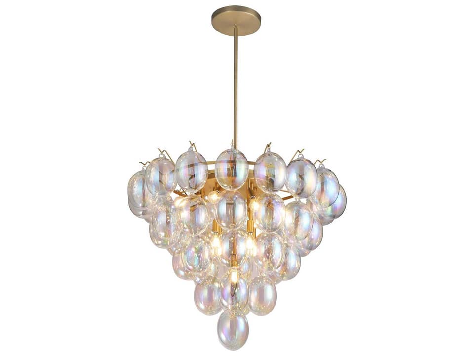 13-Light Globo Chandelier in Brushed Brass with Iridescent Glass