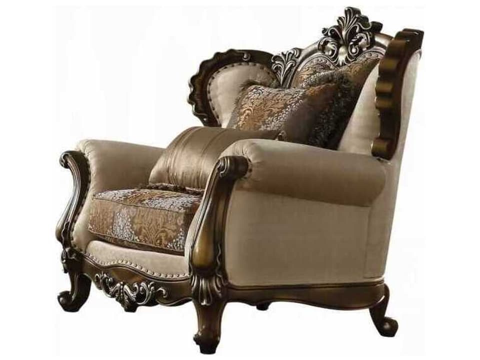 Latisha Accent Arm Chair with Pillows in Tan Pattern Fabric and Antique Oak