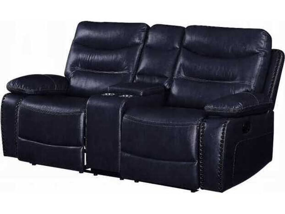 Aashi Navy Leather-Gel Match Reclining Loveseat with Console