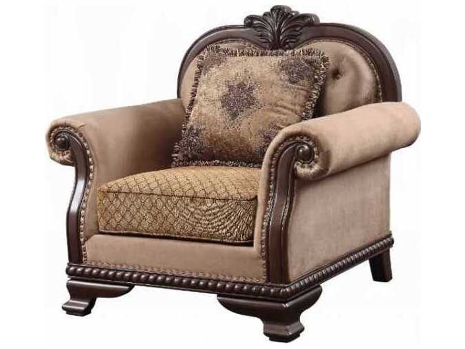 Chateau De Ville Fabric Accent Chair with Wood Carvings