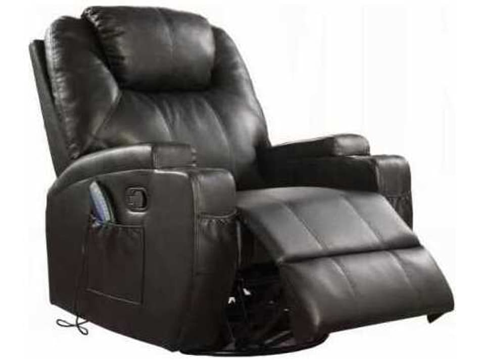 Waterlily Swivel Rocker Recliner with Massage in Black Bonded Leather