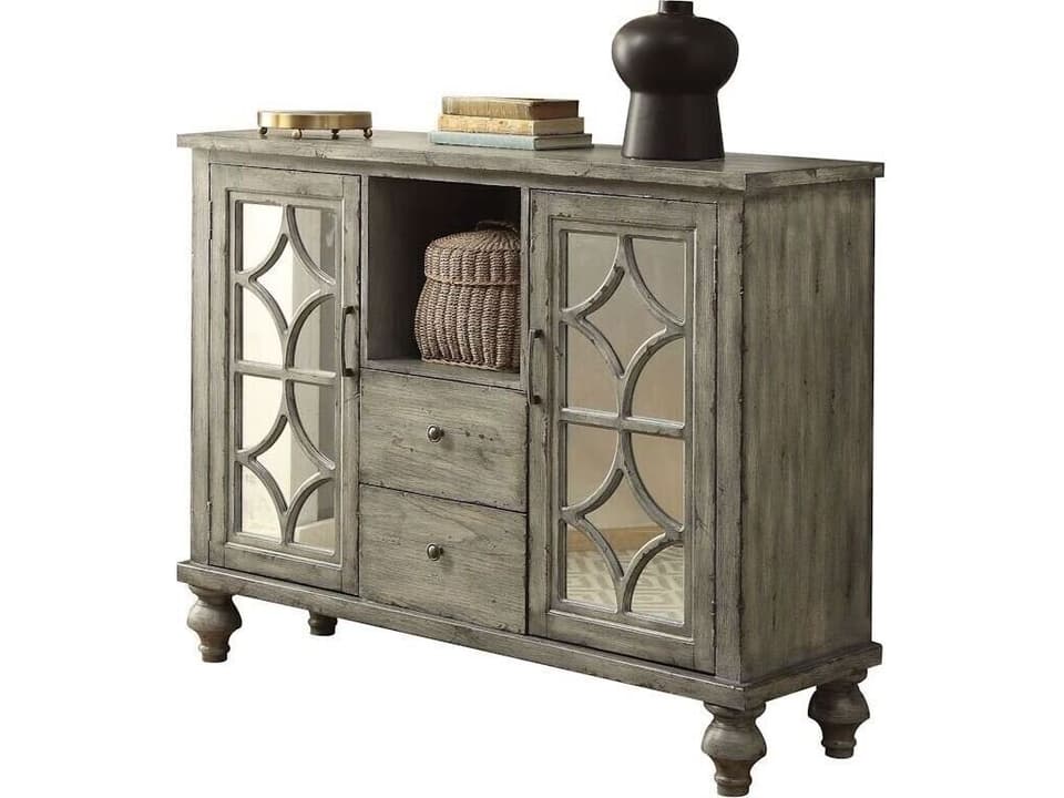 Velika Wood Console Table with Mirrored Diamond Inlay in Weathered Gray
