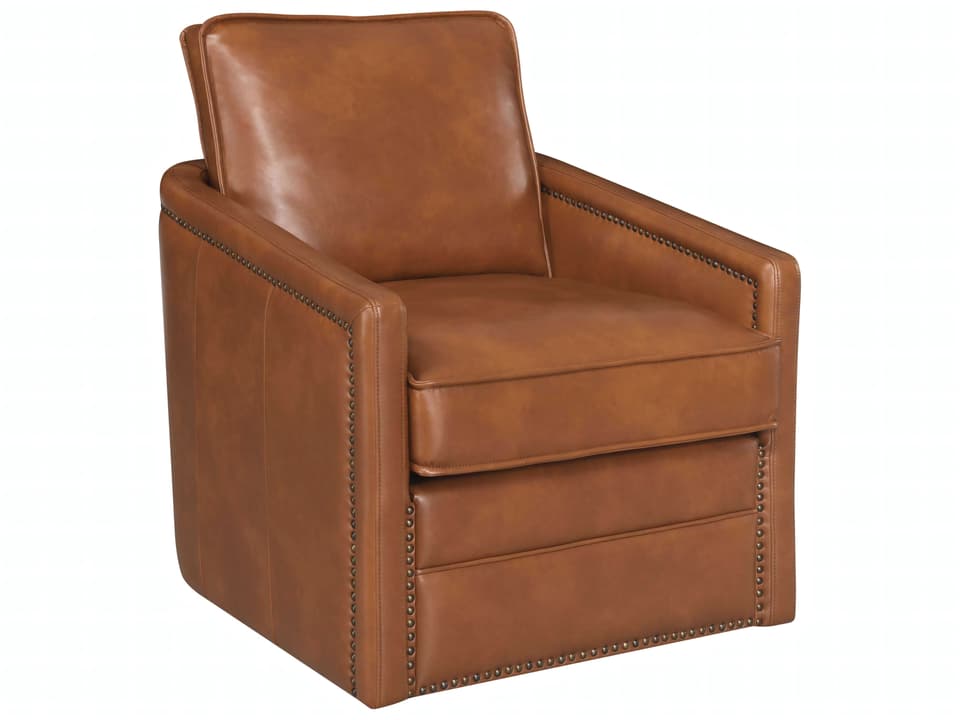 Rocha Swivel Accent Chair in Brown Leather Aire with Nailhead Trim