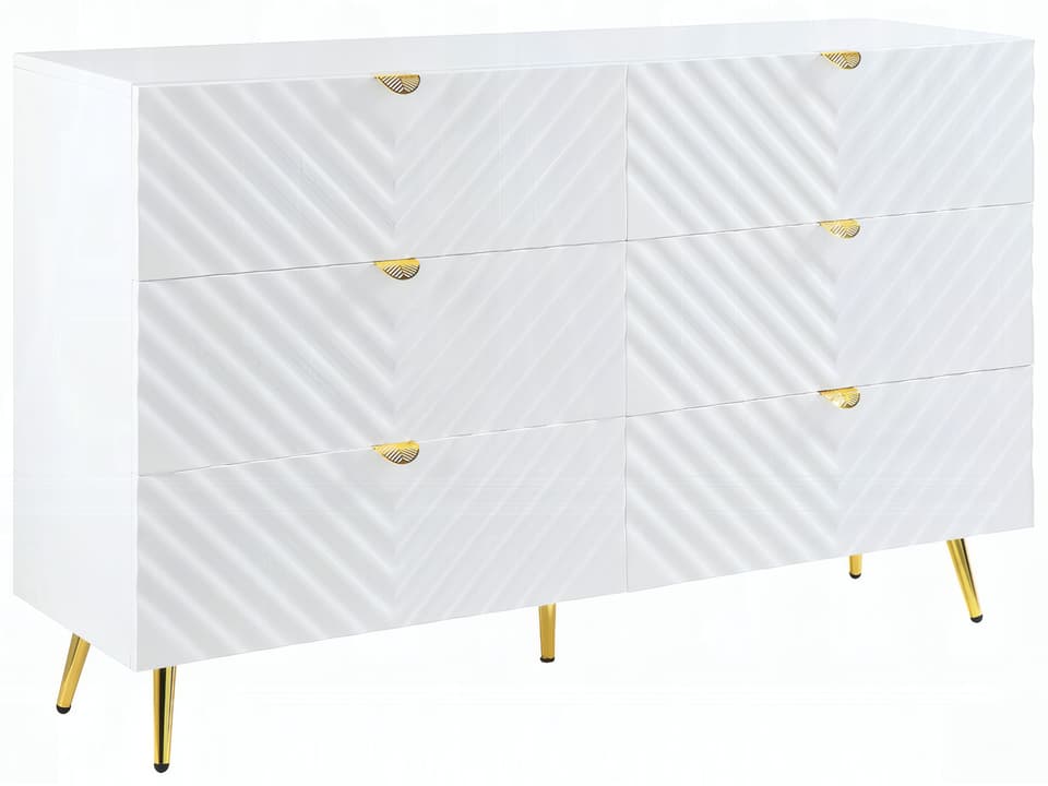 Gaines 6-Drawer Dresser in White High Gloss with Gold Accents
