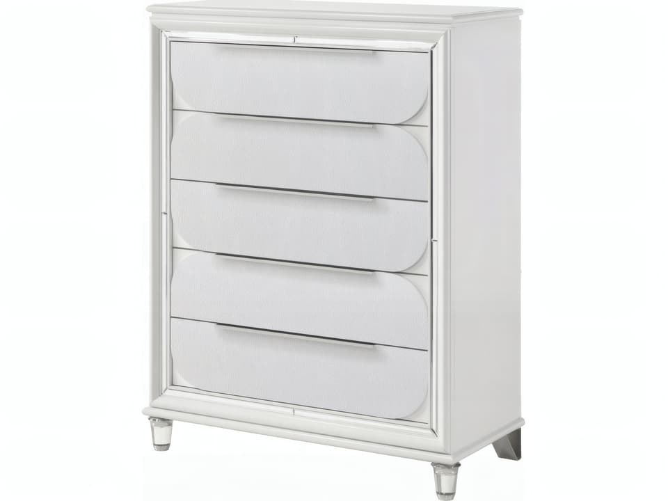 Tarian 5-Drawer Chest in Pearl White with Mirrored Trim